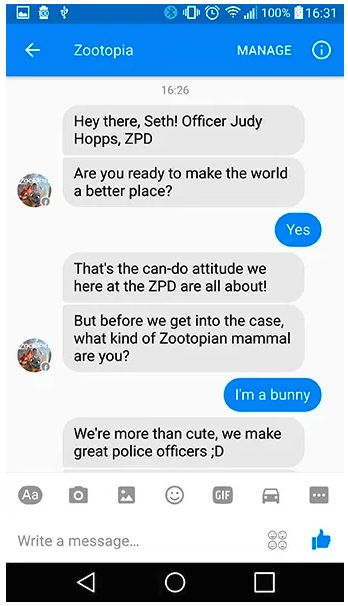 ChatBot del Detective Judy Hopps de la película Zootopia.