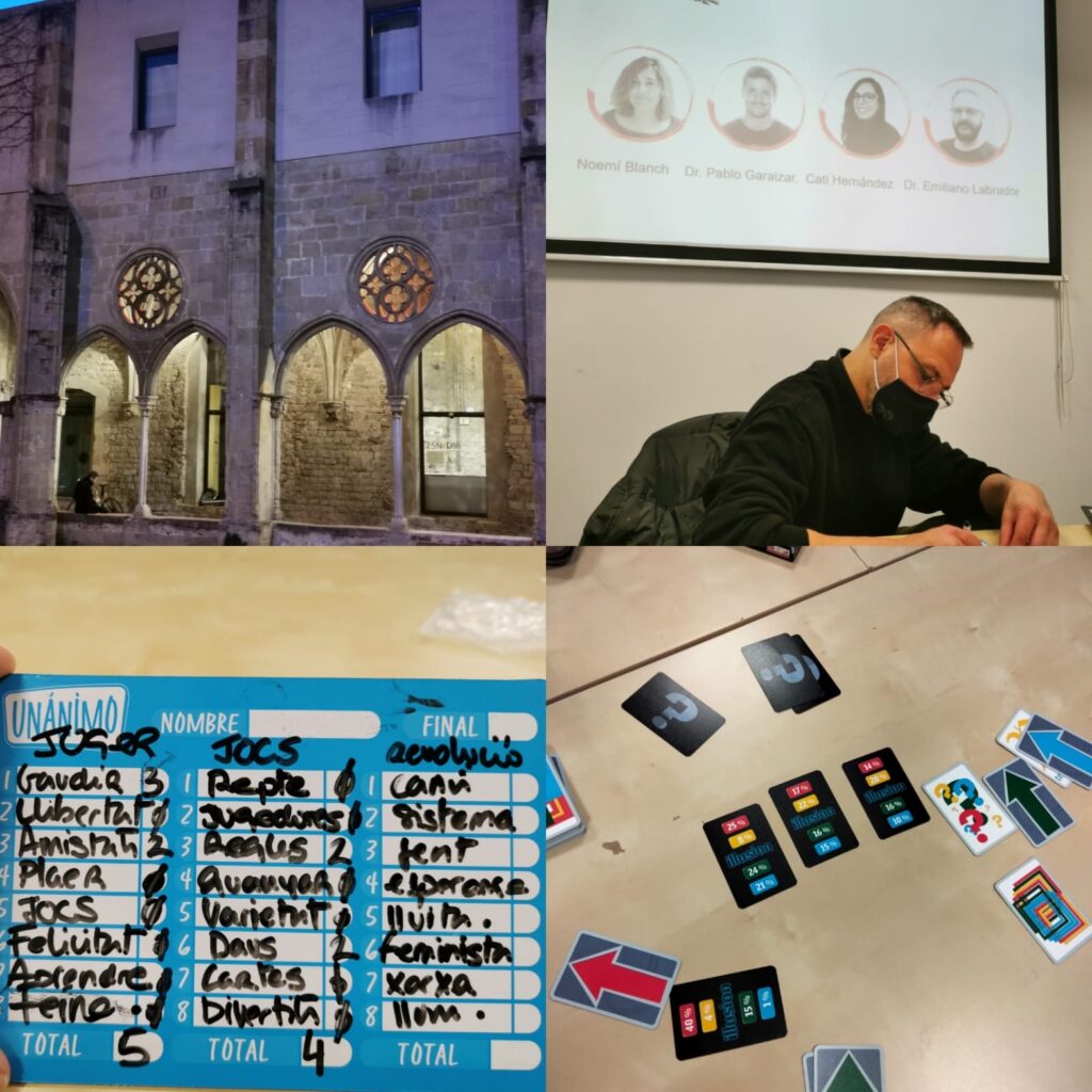 Imágenes del primer día del taller Revolúdica en el Convent de Sant Agustí. Claustro del Convent, yo bajo la pantalla y dos de los juegos empleados: Unánimo e Illusion.